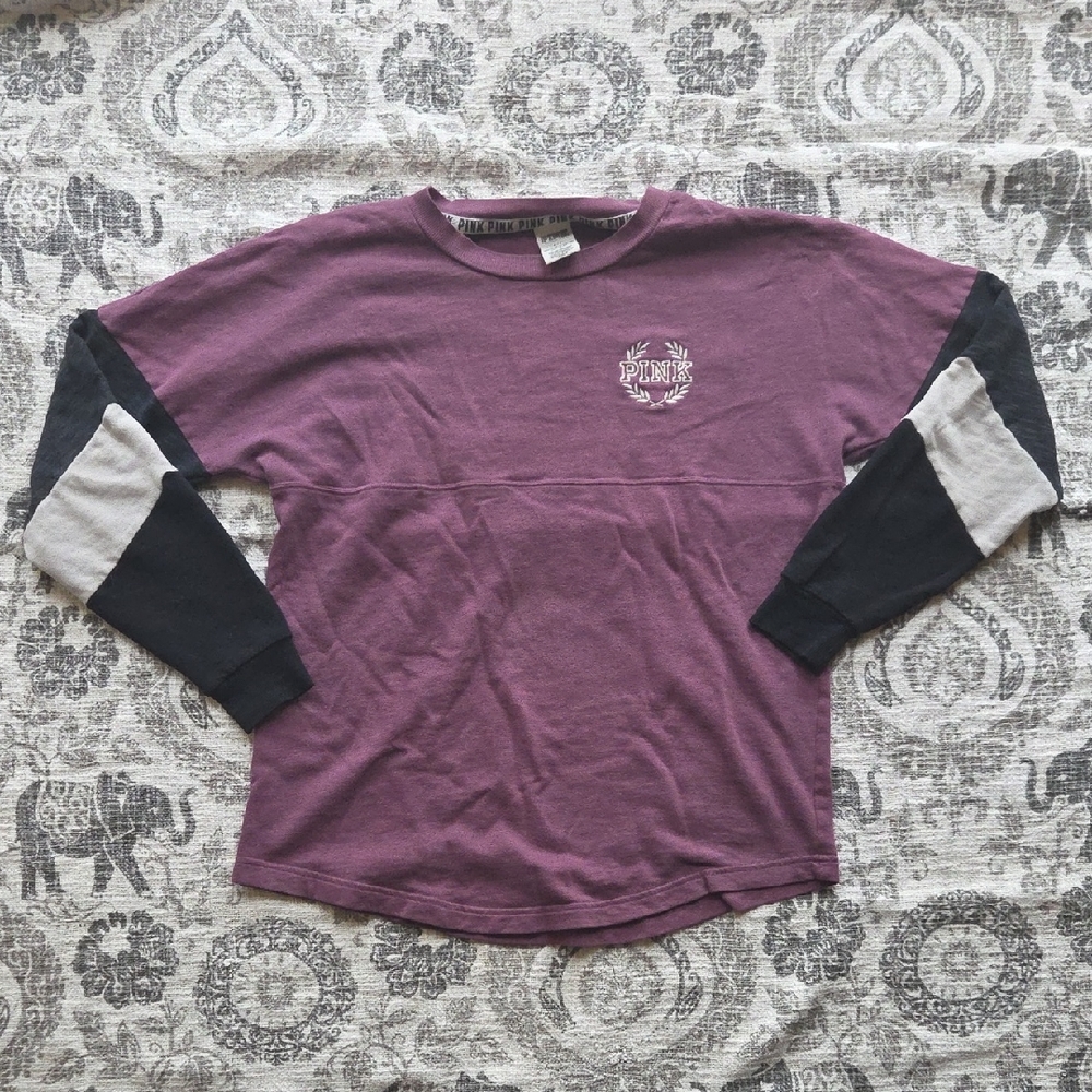 • PINK • Purple Long Sleeve Shirt with Colorblock Sleeves